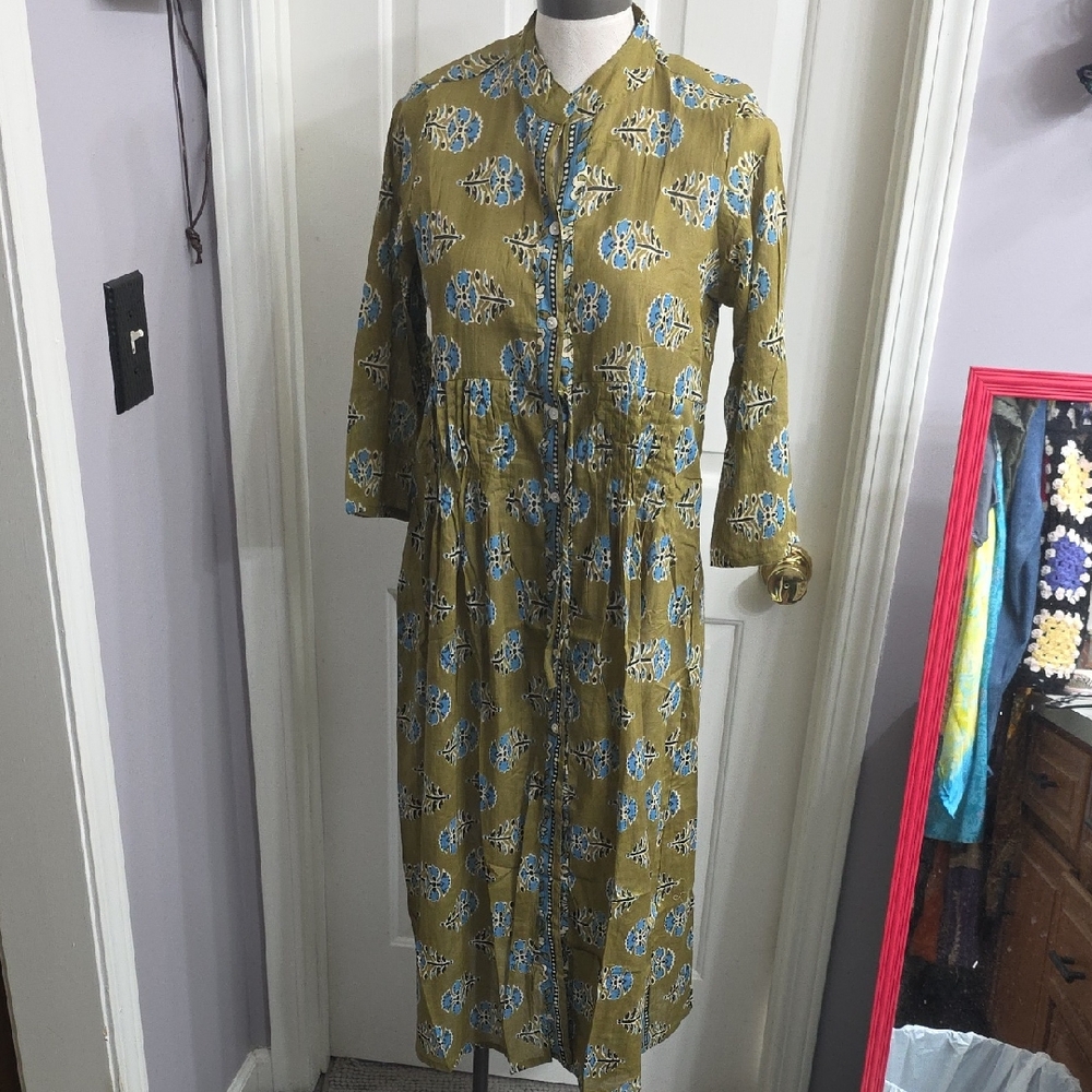 Olive Green Printed Button-Front Midi Dress with Drawstring Waist